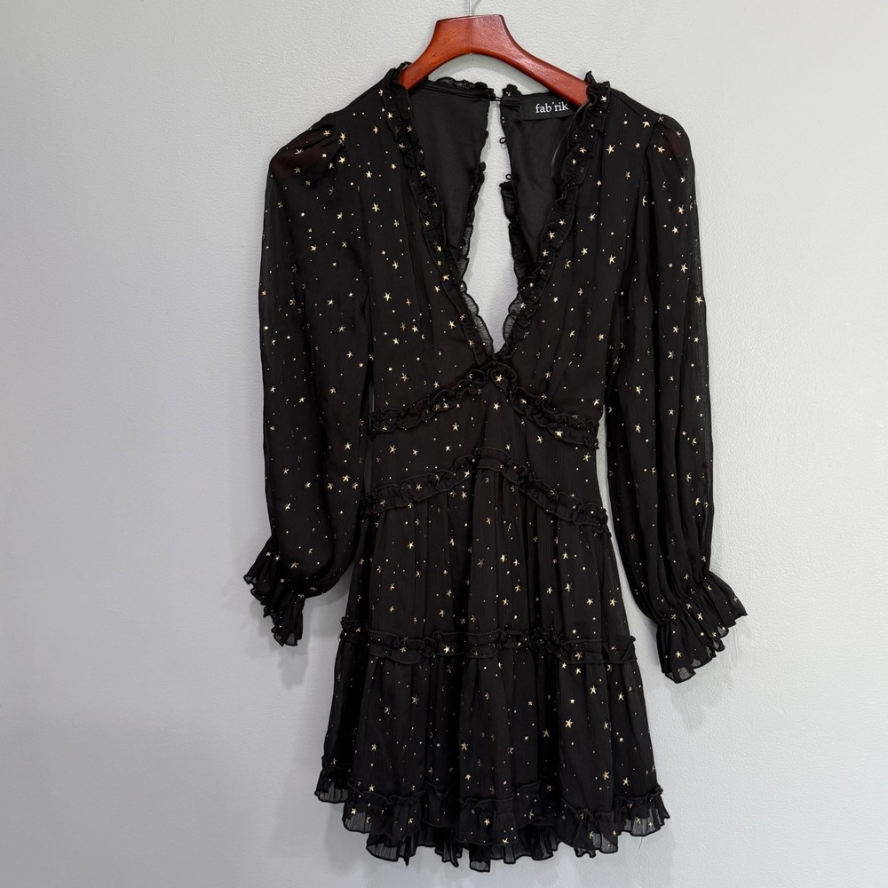 Fab'rik Black Gold Star Metallic Ruffle Open Back Mini Dress Sm whimsigoth witch